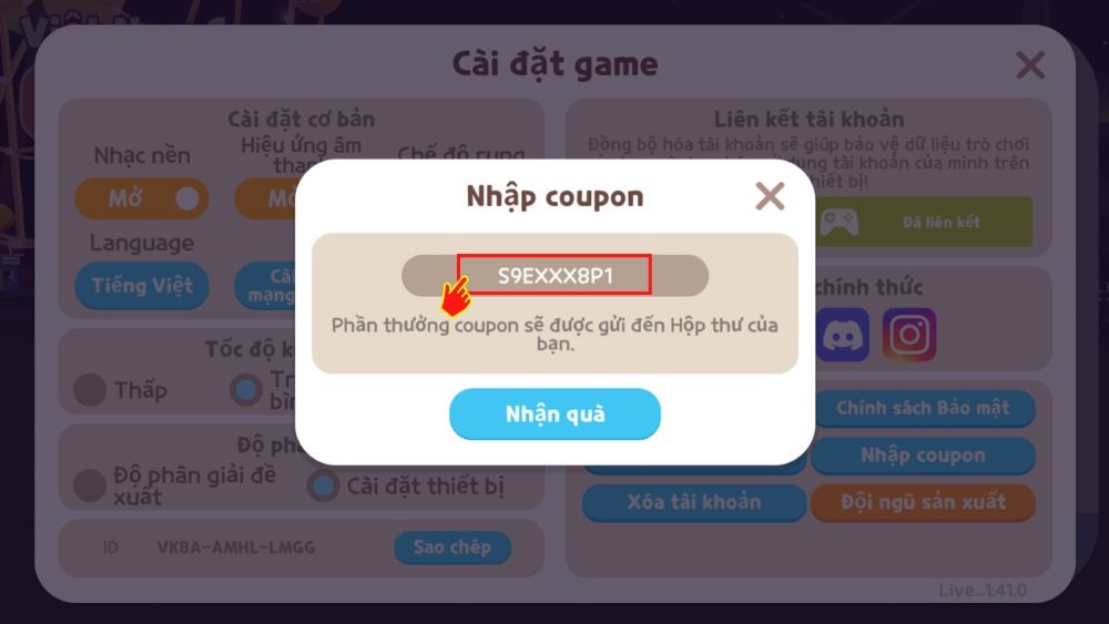 Nhập mã code và nhấn Nhận quà.
