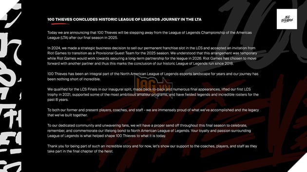 100 Thieves chính thức nói lời chia tay với LTA North sau năm nay
