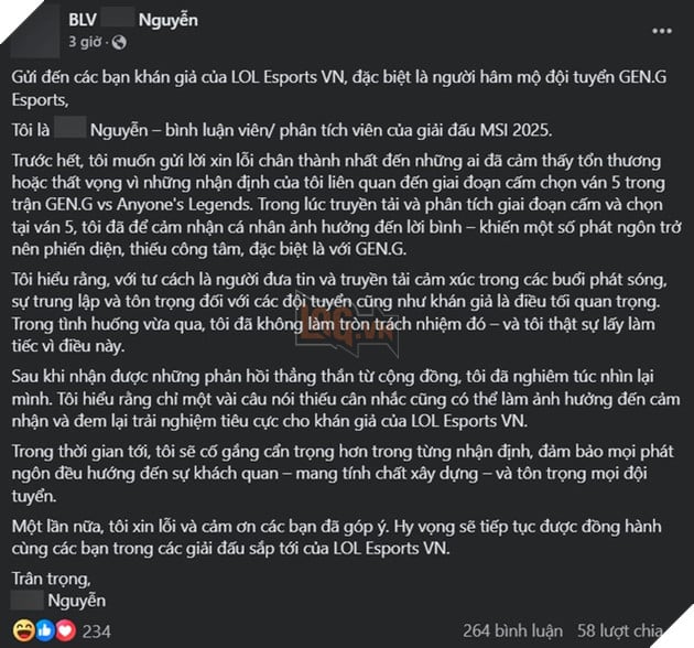 LMHT: Một BLV VCS có lời lẽ không đúng về Gen.G và khiến cộng đồng không khỏi phẫn nộ
