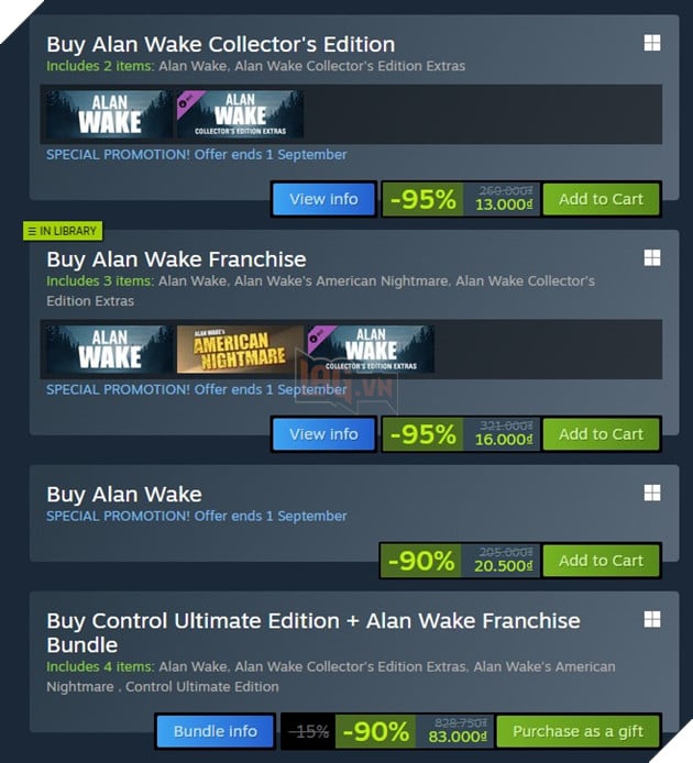 So Huu Ngay Mot Game Kinh Di Cuc Ky An Tuong Voi Gia Ngang Mot Ly Ca Phe Alan Wake, American's Nightmare lẫn Control đều đang giảm giá mạnh tay
