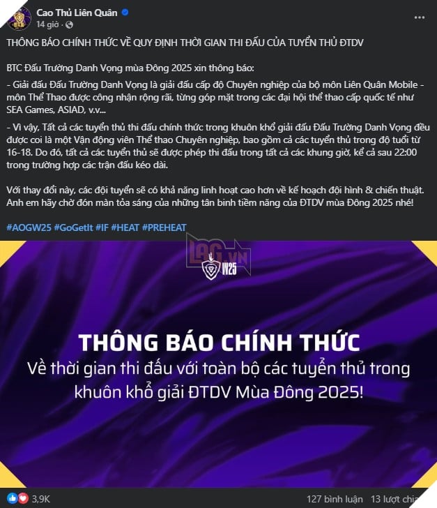 Ban Tổ Chức Đấu Trường Danh Vọng Mùa Đông 2025 Đưa Ra Thông Báo Chính Thức Về Thời Gian Thi Đấu 2