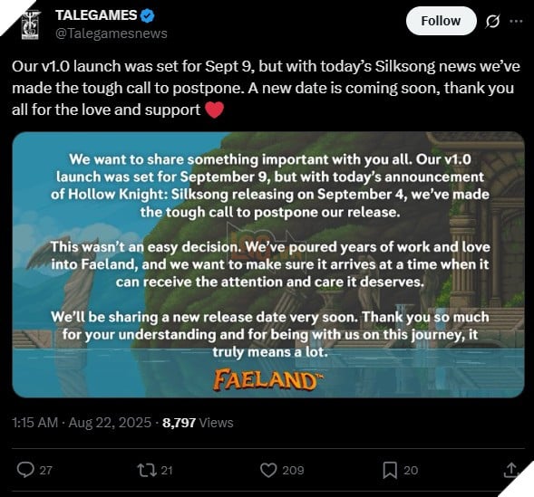 Hollow Knight Chot Ngay Ra Mat Khien Mot Tro Choi Indie Khac Phai Doi Lich 3 TALEGAMES quyết định dời lịch ra mắt game Faeland bản chính thức