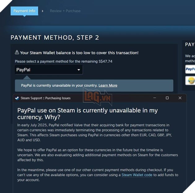 Steam Ngung Ho Tro Thanh Toan PayPal Tai Nhieu Quoc Gia, Tac Dong Den Hang Trieu Nguoi Dung 2 Người dùng Steam được thông báo quốc gia mình không hỗ trợ PayPal