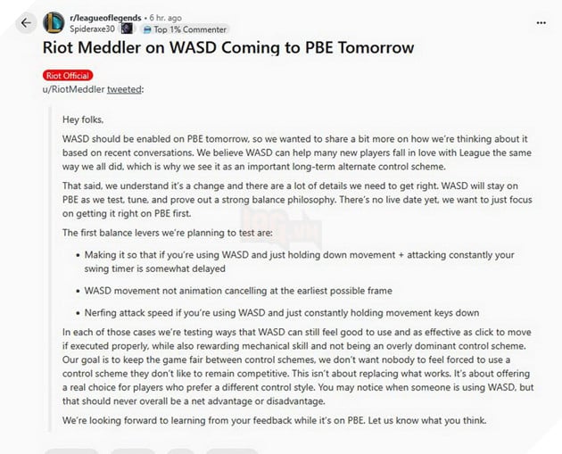 LMHT: Riot chinh thuc thu nghiem tinh nang dieu khien WASD tren PBE 2 Riot Meddler chia sẻ về định hướng đưa WASD vào LMHT